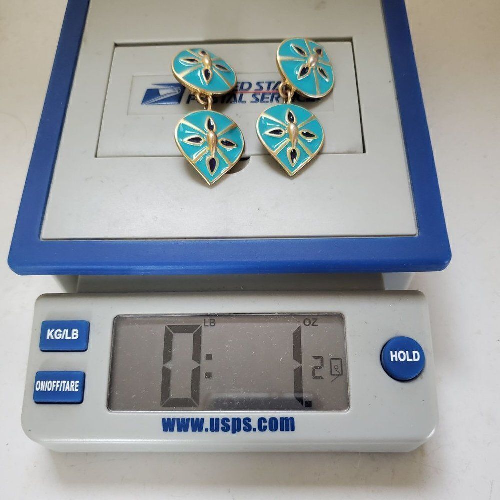 Vintage 2 Tone Blue Gold Enamel Nautical Tear Drop Sand Dollar Clip On‎ Earrings - Picture 4 of 6